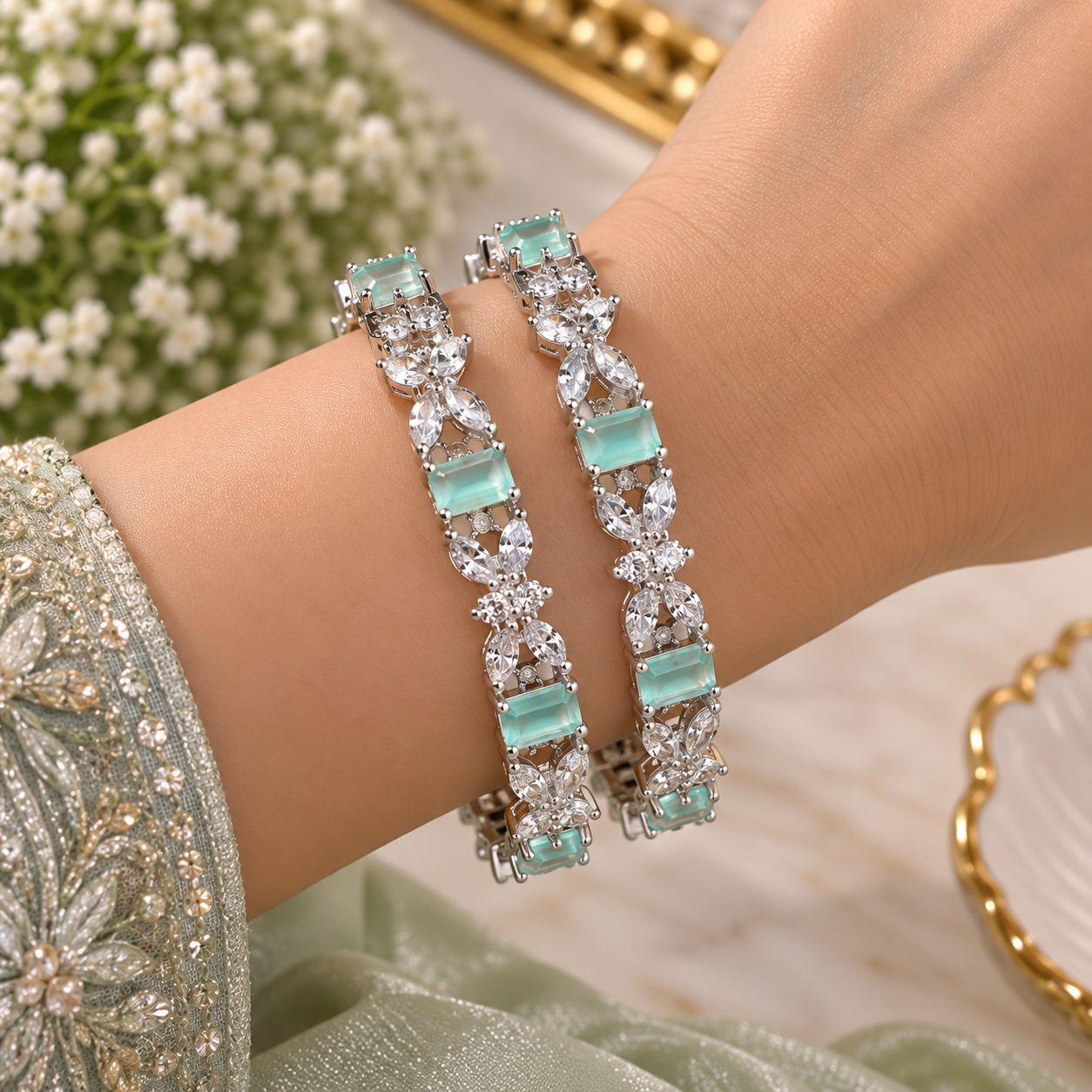 Mint Green Zircon Floral Bangles
