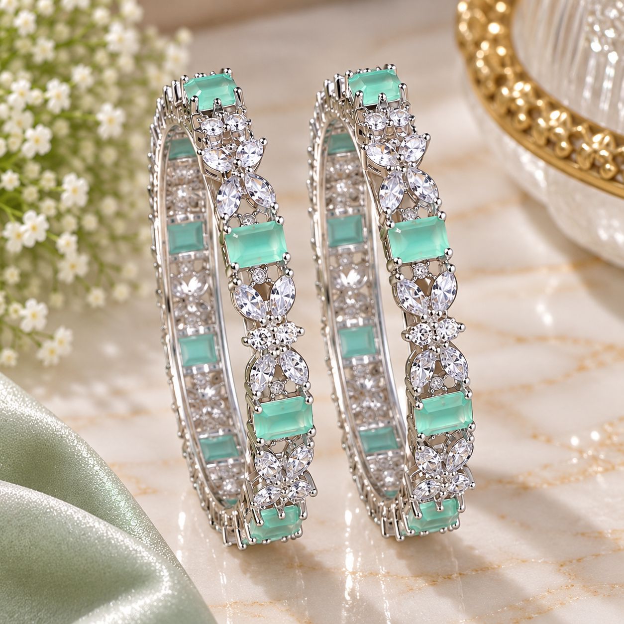 Mint Green Zircon Floral Bangles