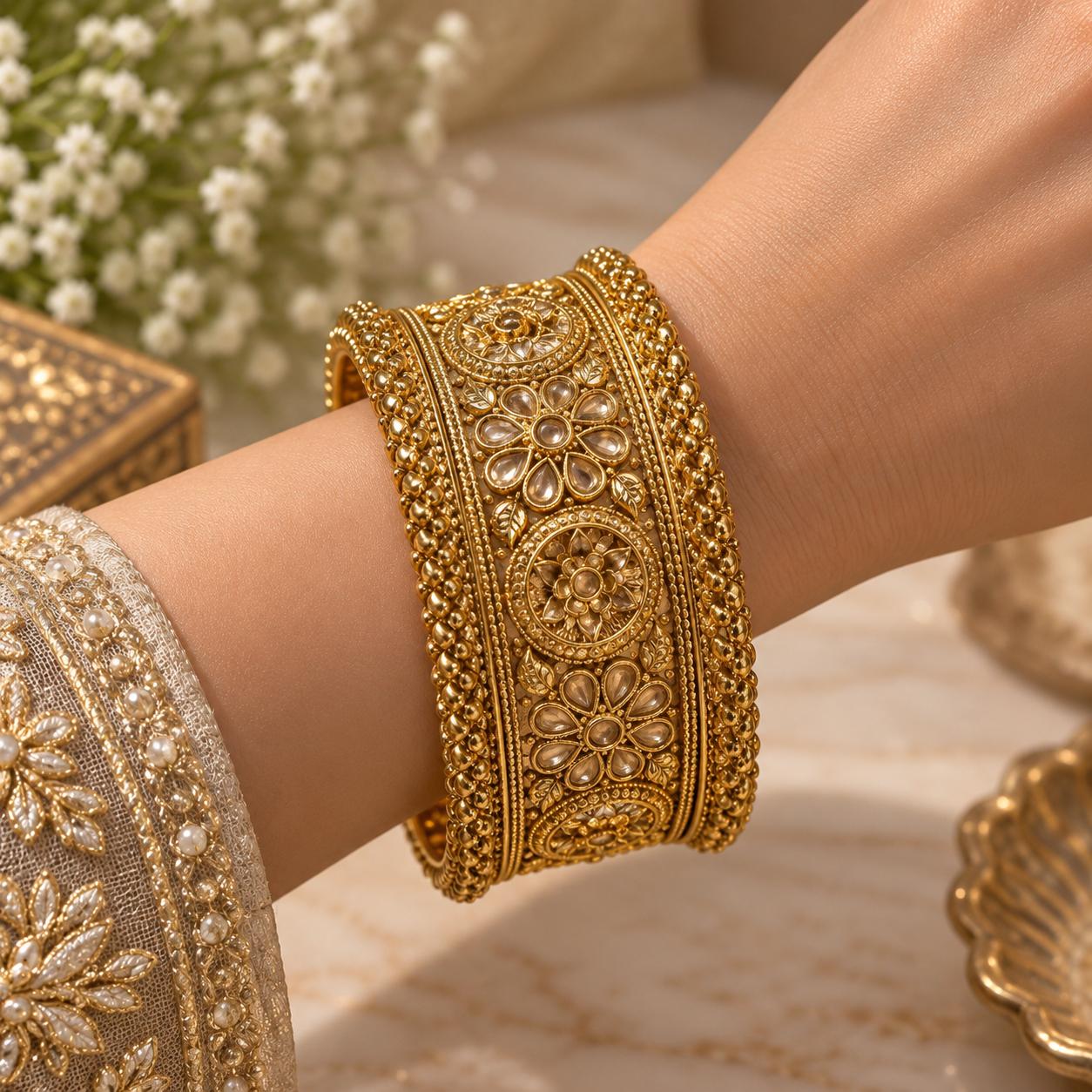 Antique Gold Floral Statement Bangle