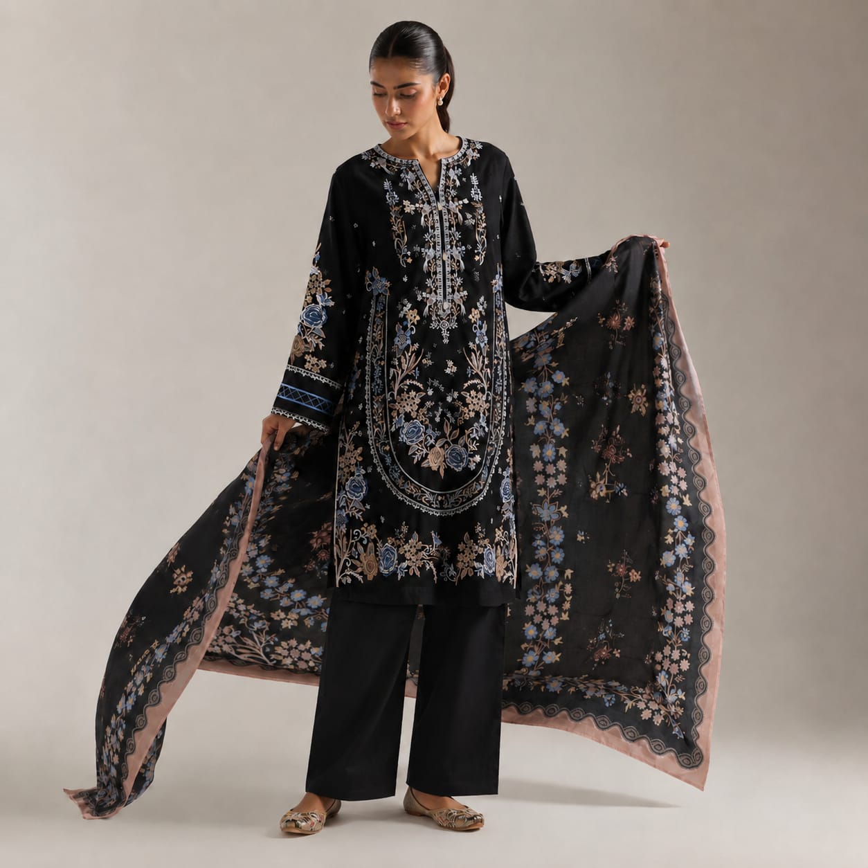 Zellbury Black Embroidered 3-Piece Lawn Suit