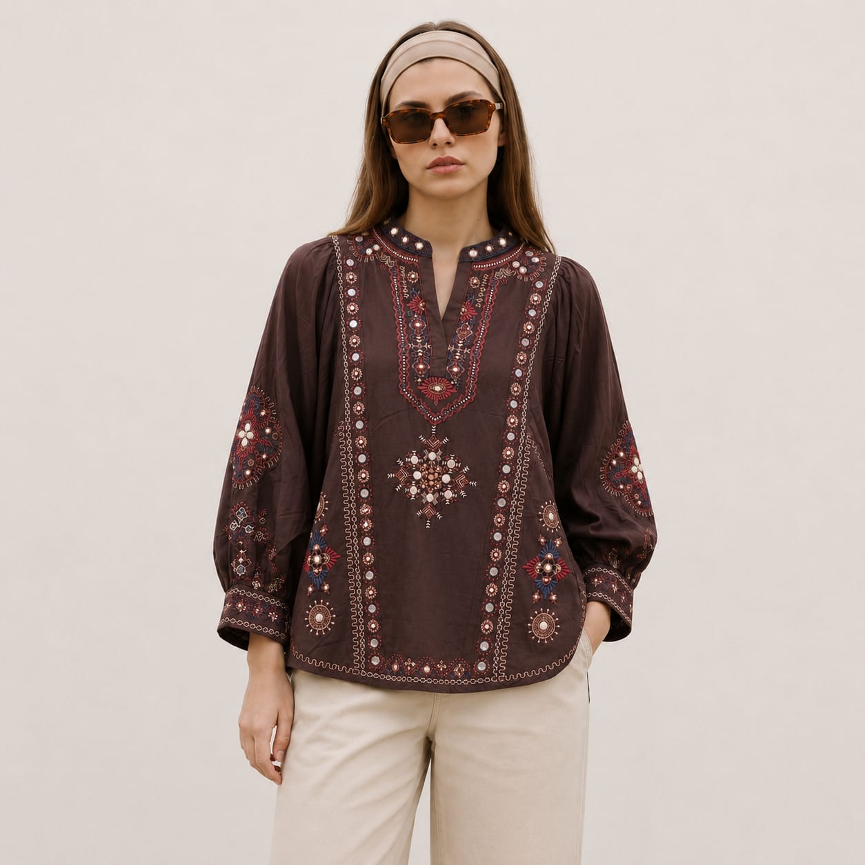 ETHNC Embroidered Beige-Style Top