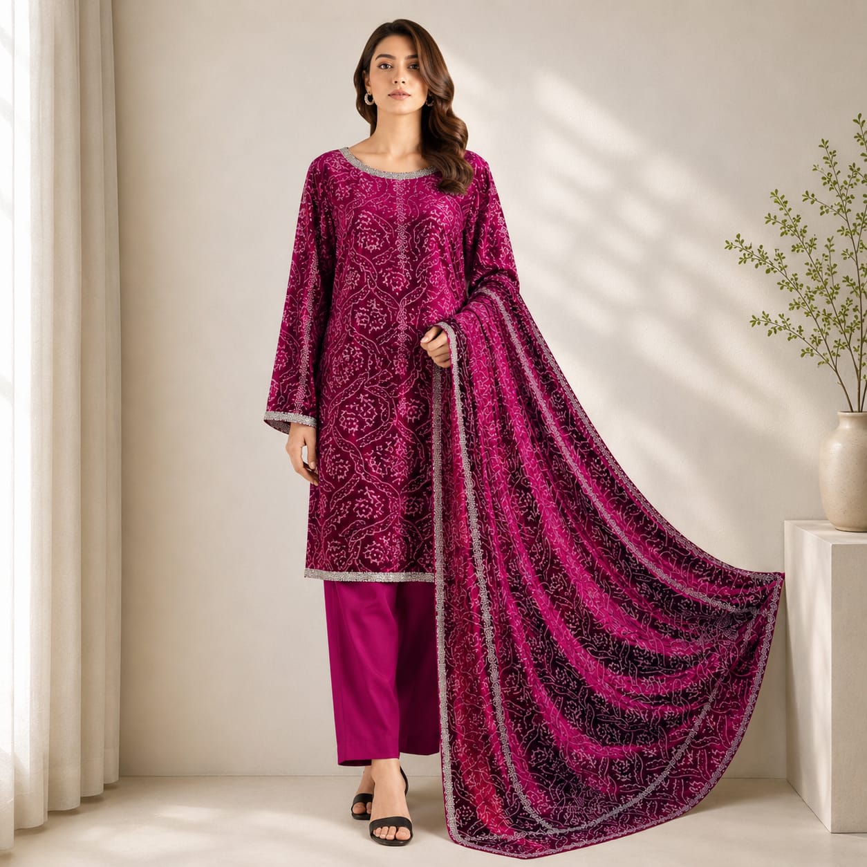 Crimson Bloom Velvet Dress