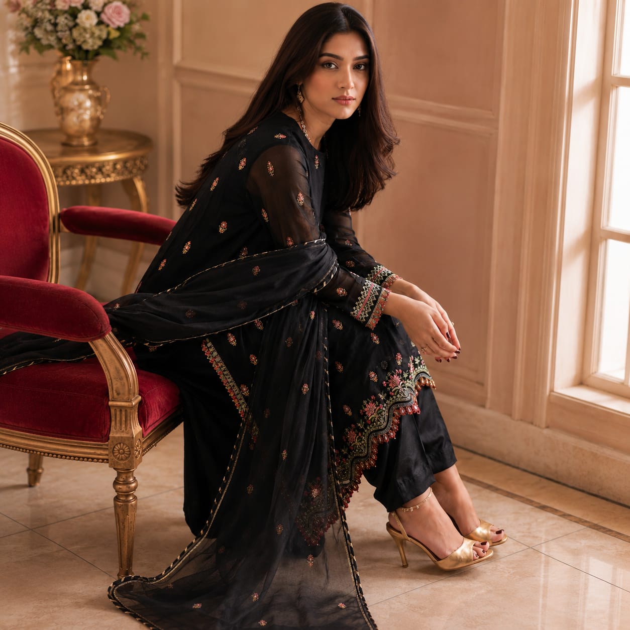 Midnight Noir Embroidered 3-Piece Dress