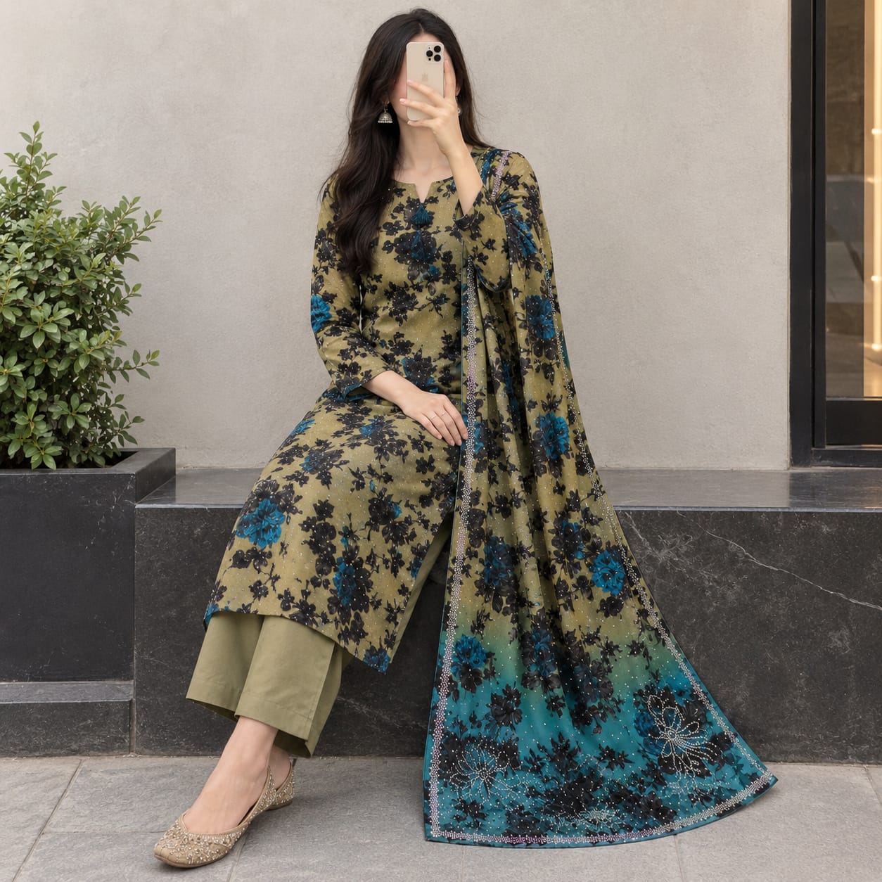 Olive Teal Floral 3-Piece Suit