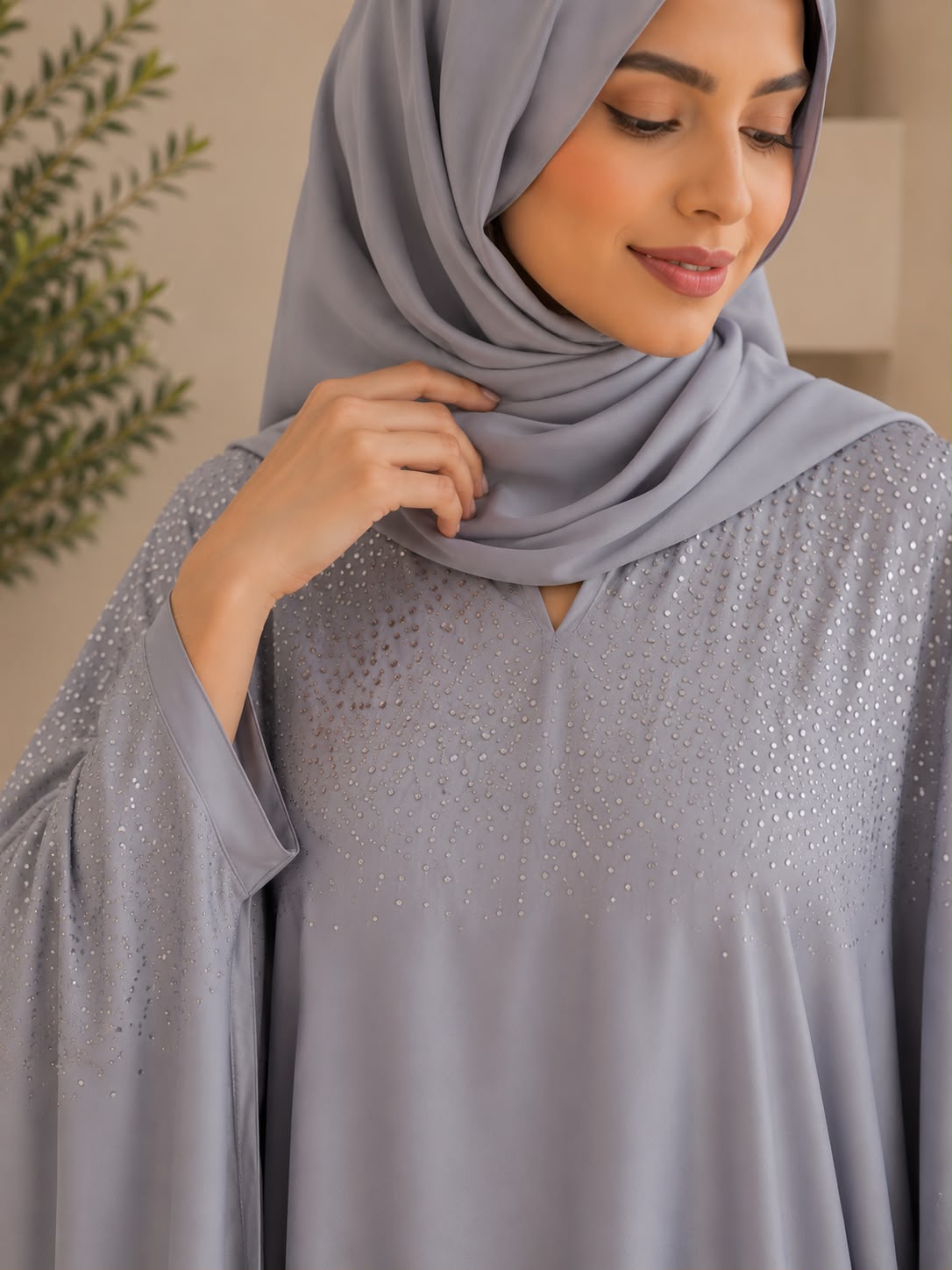 Elegant Silver Grey Butterfly Abaya