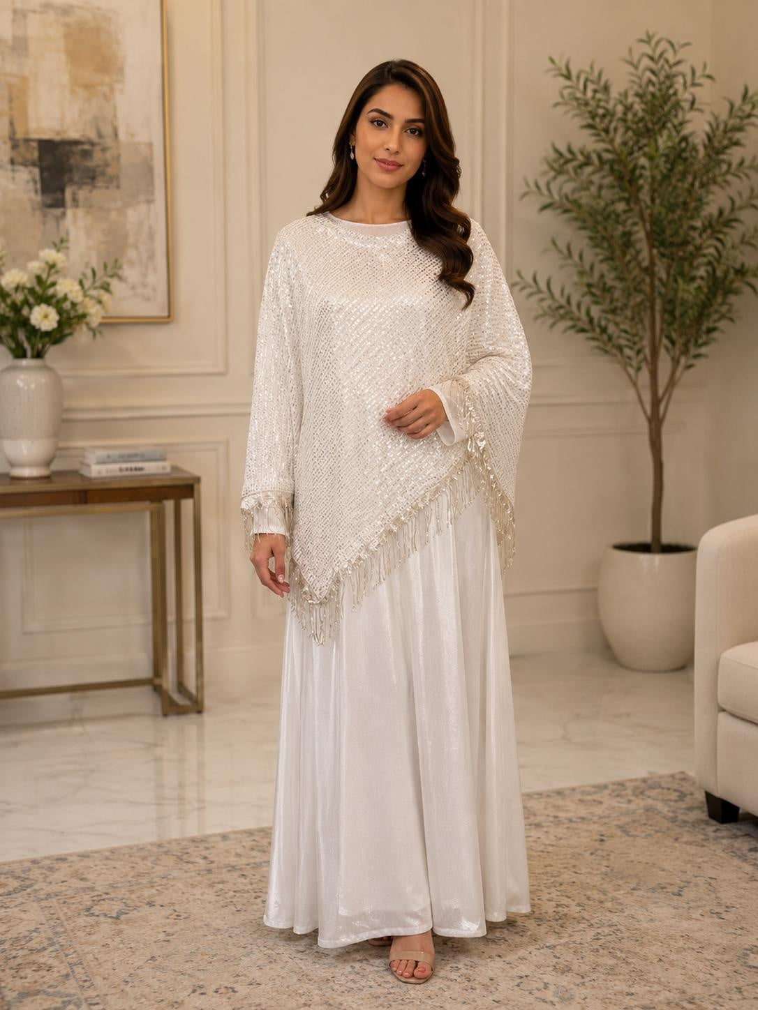 Elegant White Crushed Silk Maxi Set